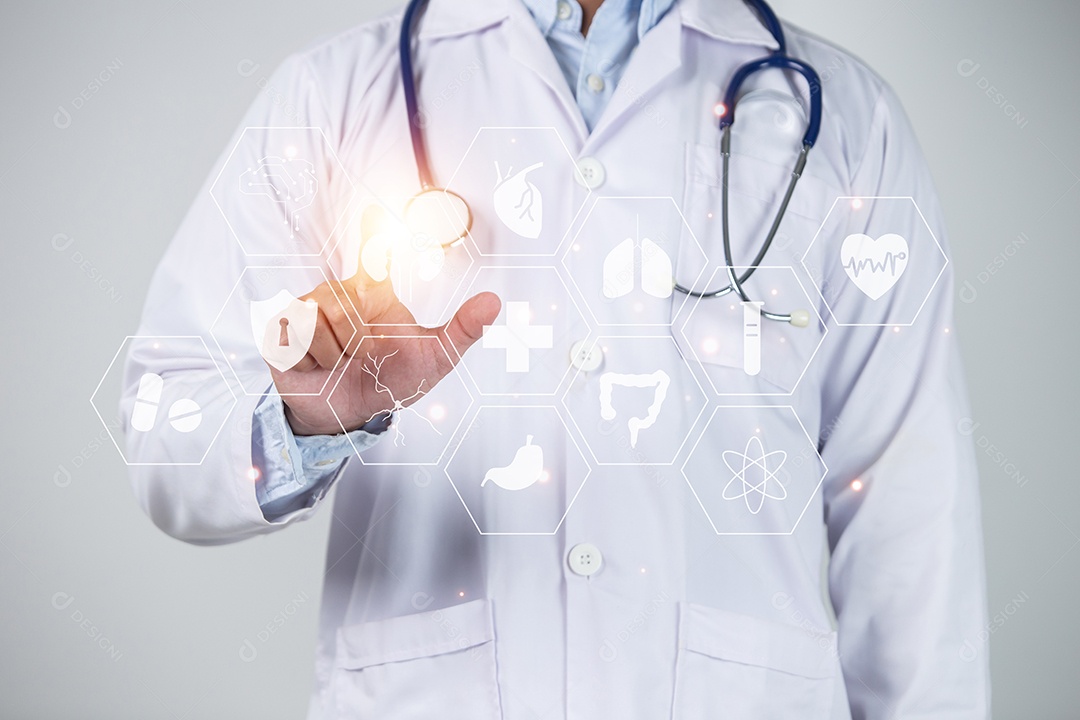 Médico usando renderização 3D de interface futurista médica digital