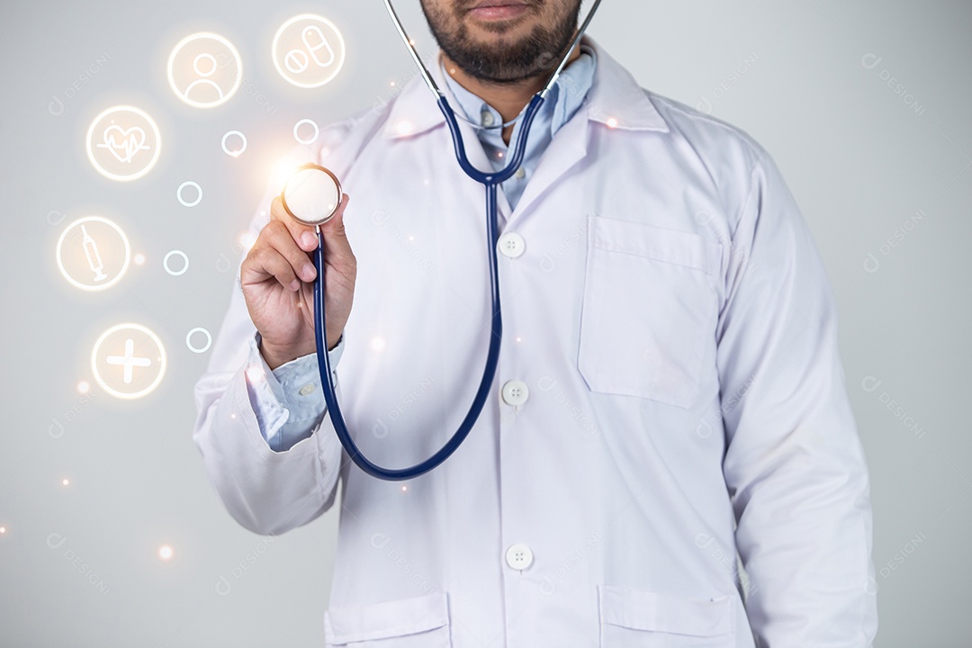 Médico usando renderização 3D de interface futurista médica digital