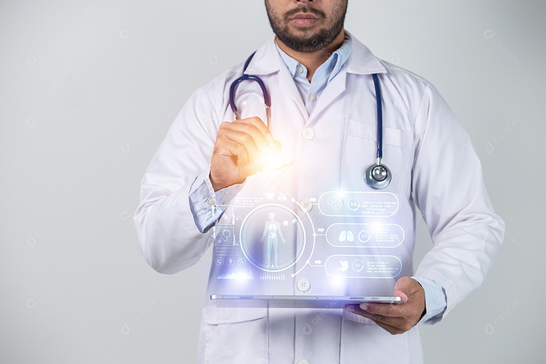 Médico usando renderização 3D de interface futurista médica digital