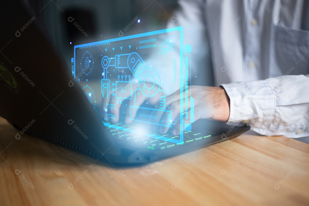 Homem empresário usando computador com ícones