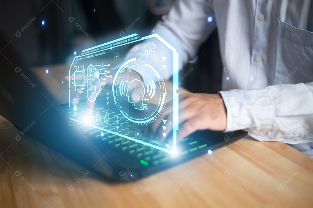 Homem empresário usando computador com ícones