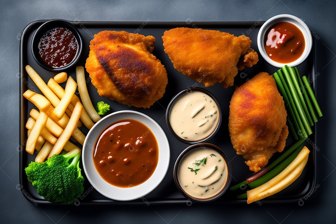 Frango frito com variedade de molhos e batatas fritas