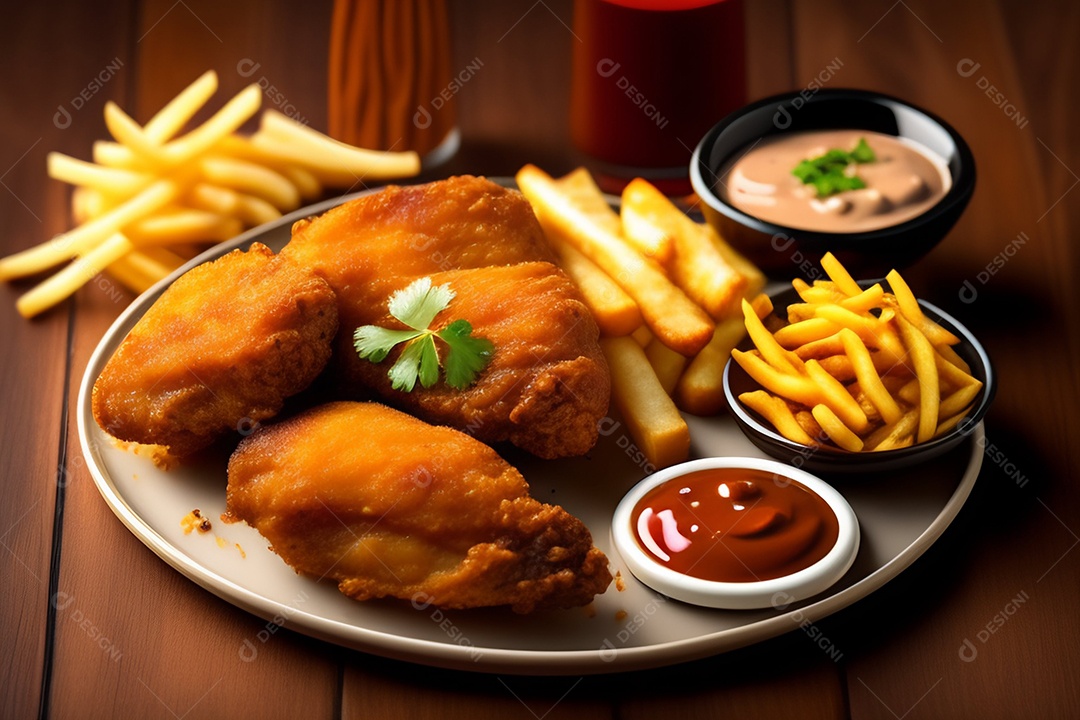 Frango frito com variedade de molhos e batatas fritas