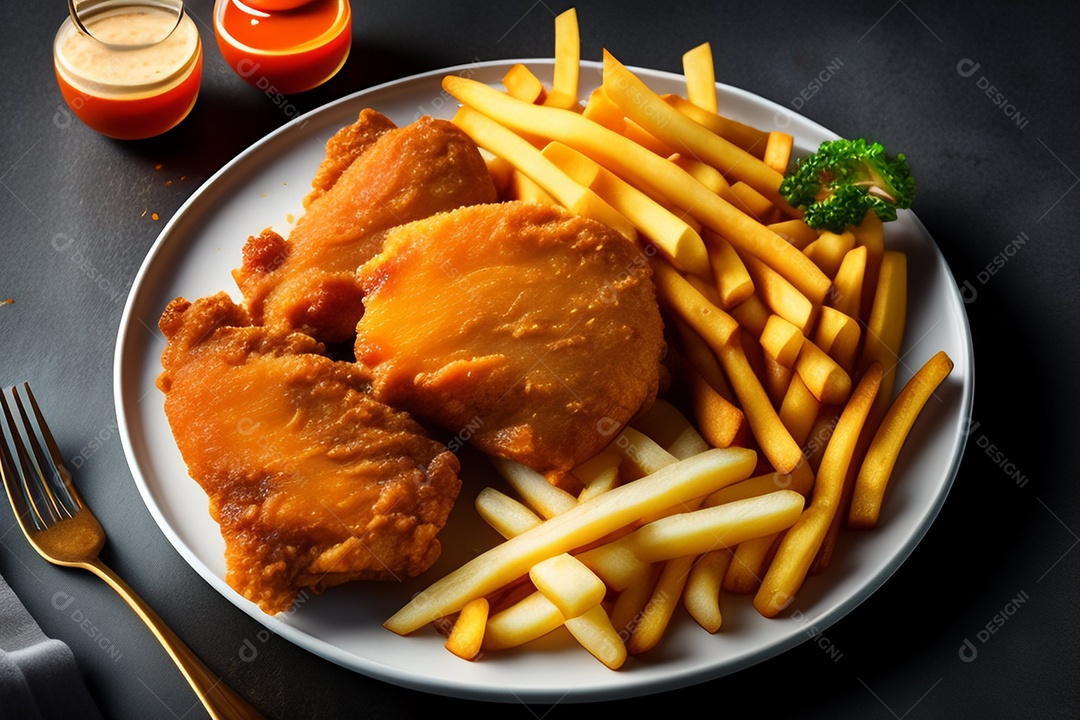 Frango frito com variedade de molhos e batatas fritas