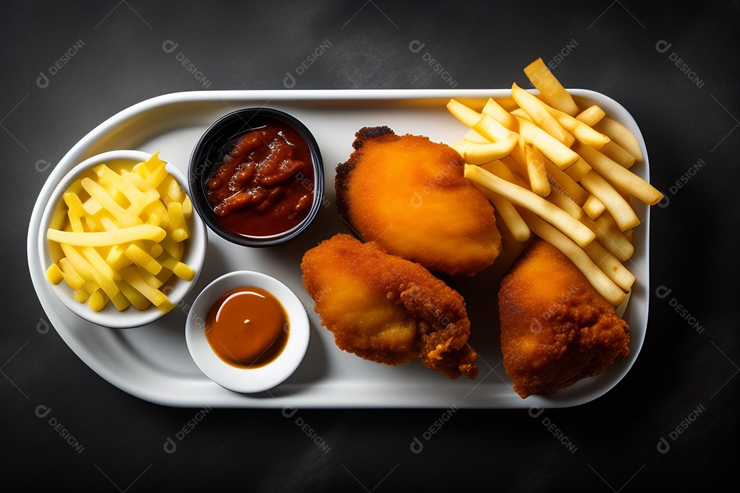 Frango frito com variedade de molhos e batatas fritas