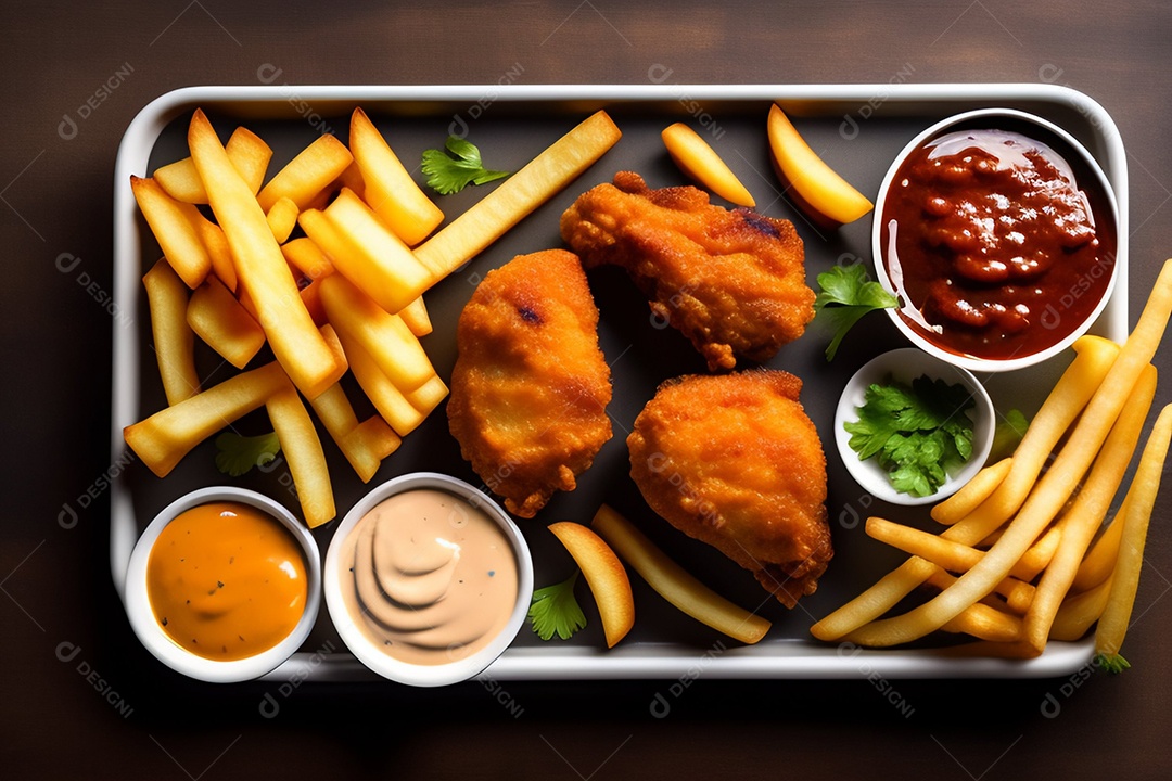 Frango frito com variedade de molhos e batatas fritas