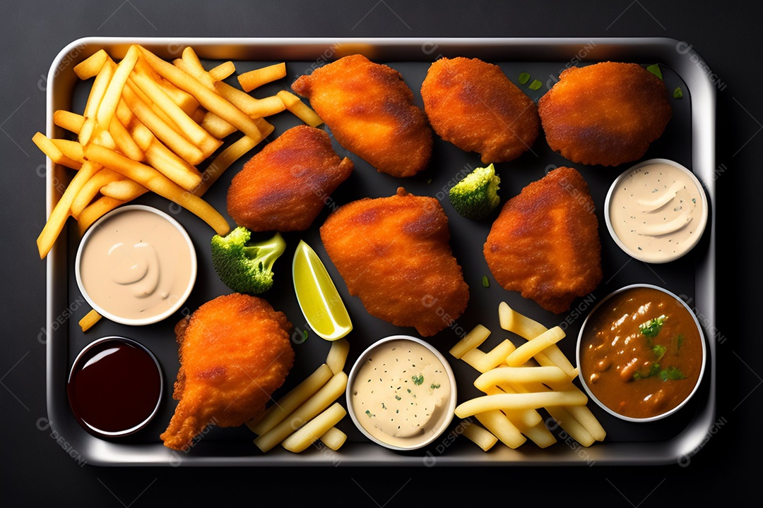 Frango frito com variedade de molhos e batatas fritas