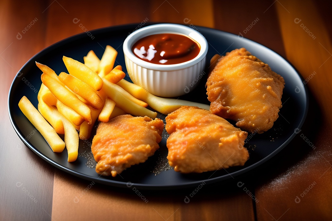 Frango frito com variedade de molhos e batatas fritas