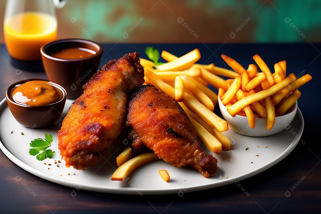 Frango frito com variedade de molhos e batatas fritas