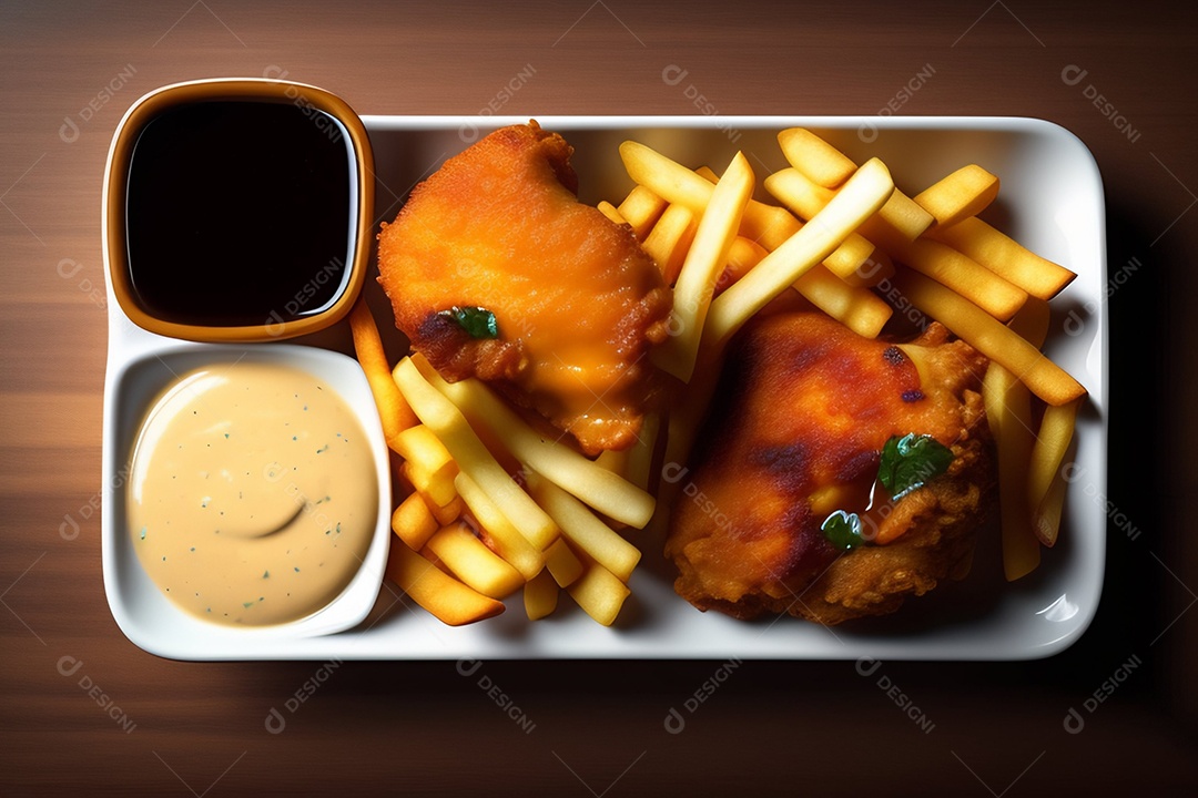Frango frito com variedade de molhos e batatas fritas