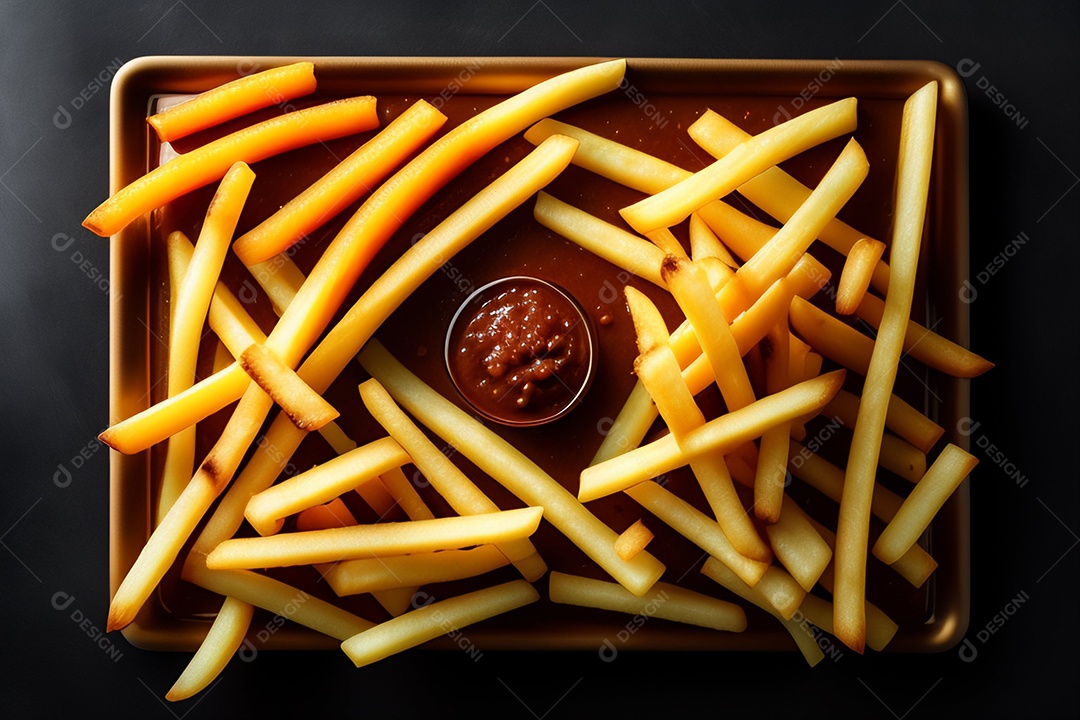 Vista frontal saborosas batatas fritas com molhos