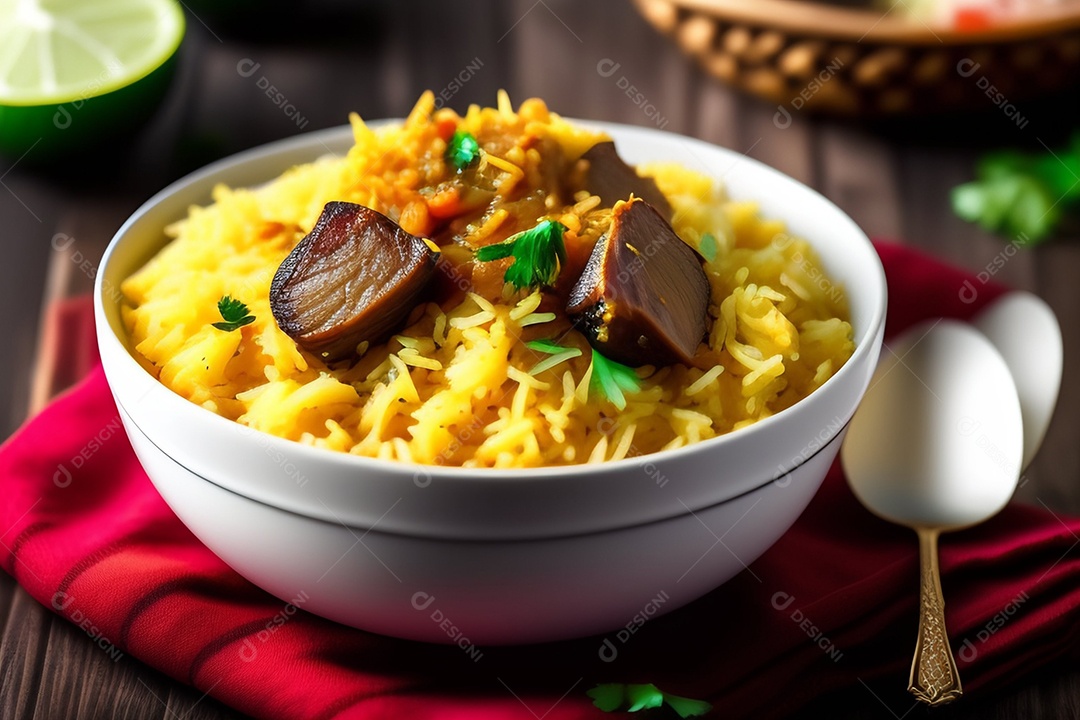 Cordeiro com arroz basmati, servido em tigela