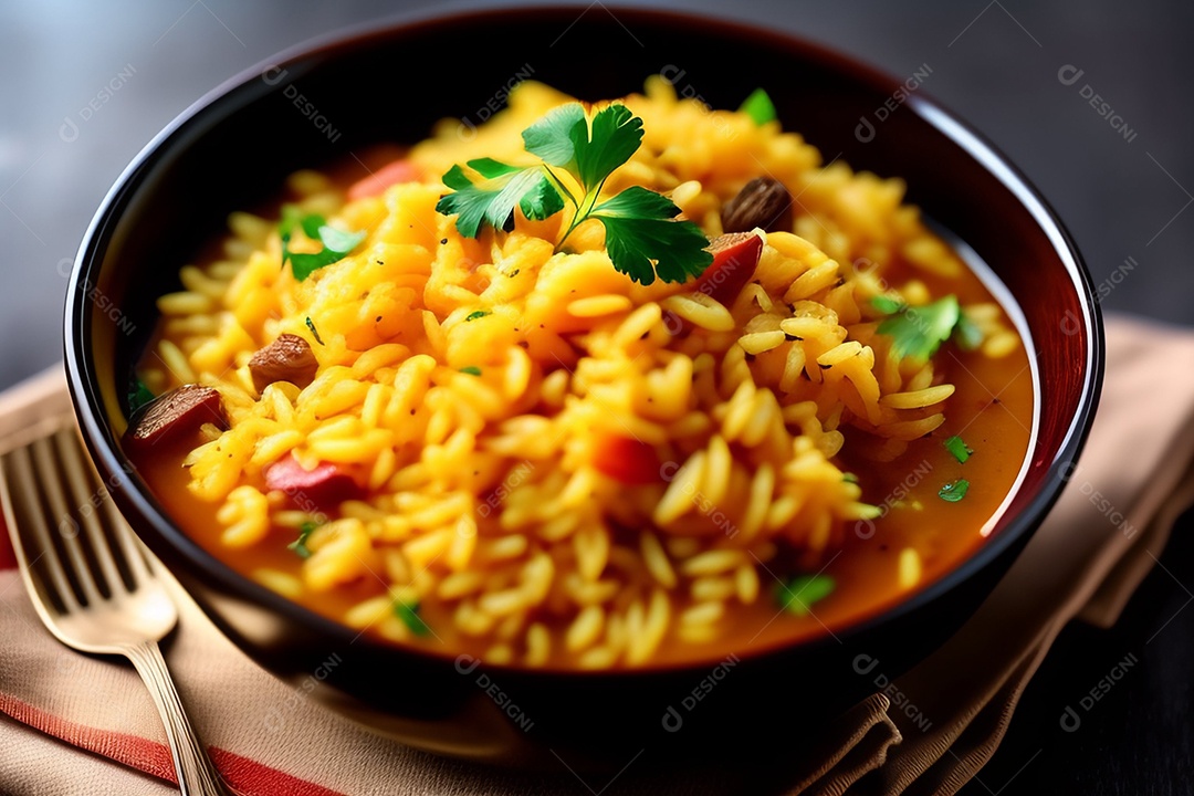 Cordeiro com arroz basmati, servido em tigela