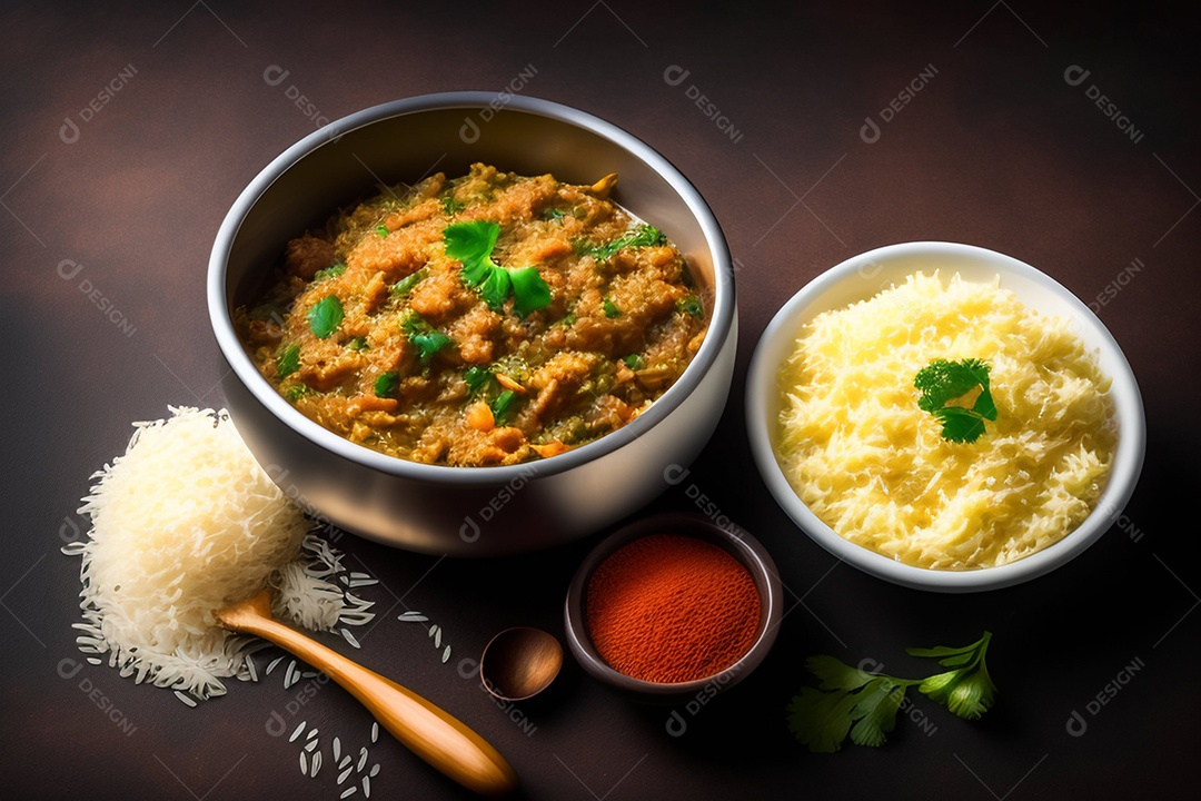 Cordeiro com arroz basmati, servido em tigela