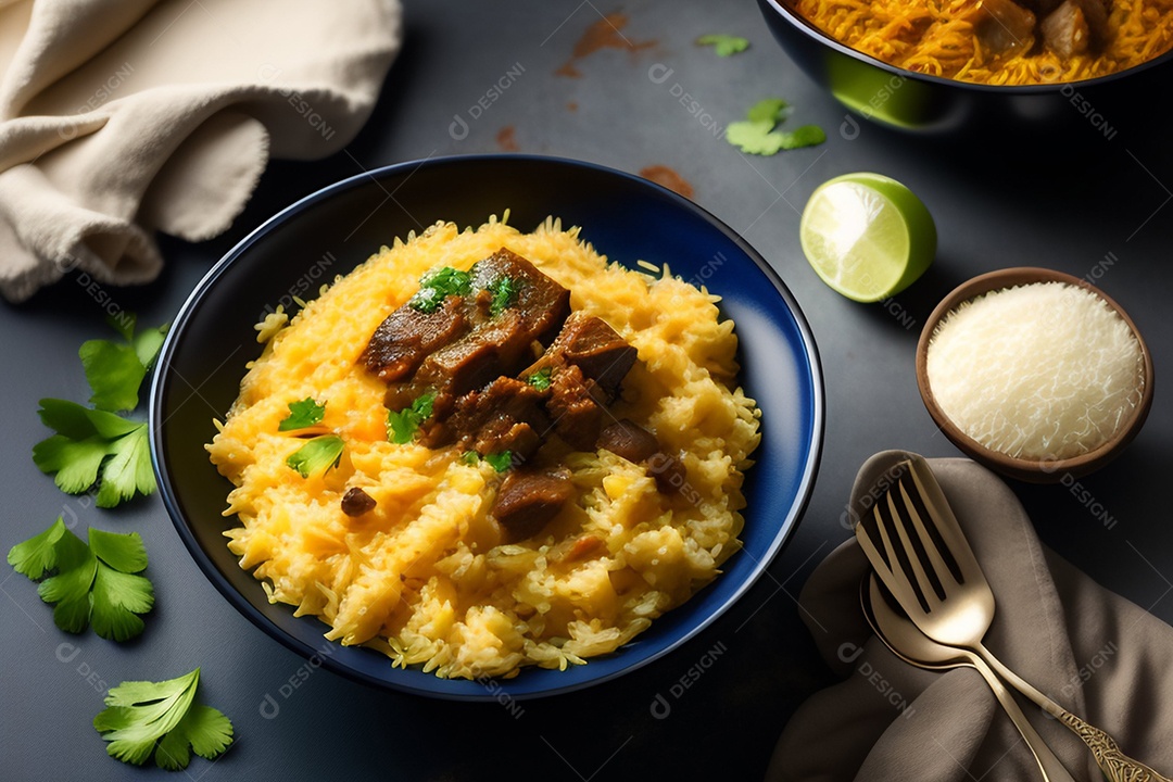 Cordeiro com arroz basmati, servido em tigela