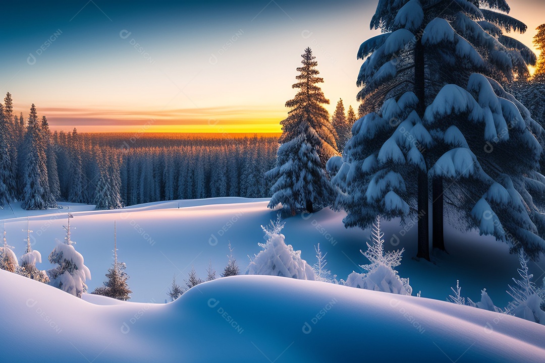 Pinheiros cobertos de neve na noite gelada. Belo panorama de inverno