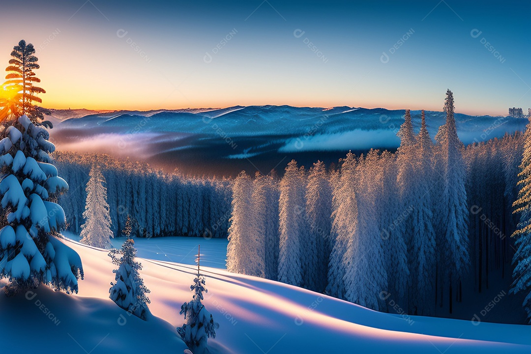 Pinheiros cobertos de neve na noite gelada. Belo panorama de inverno