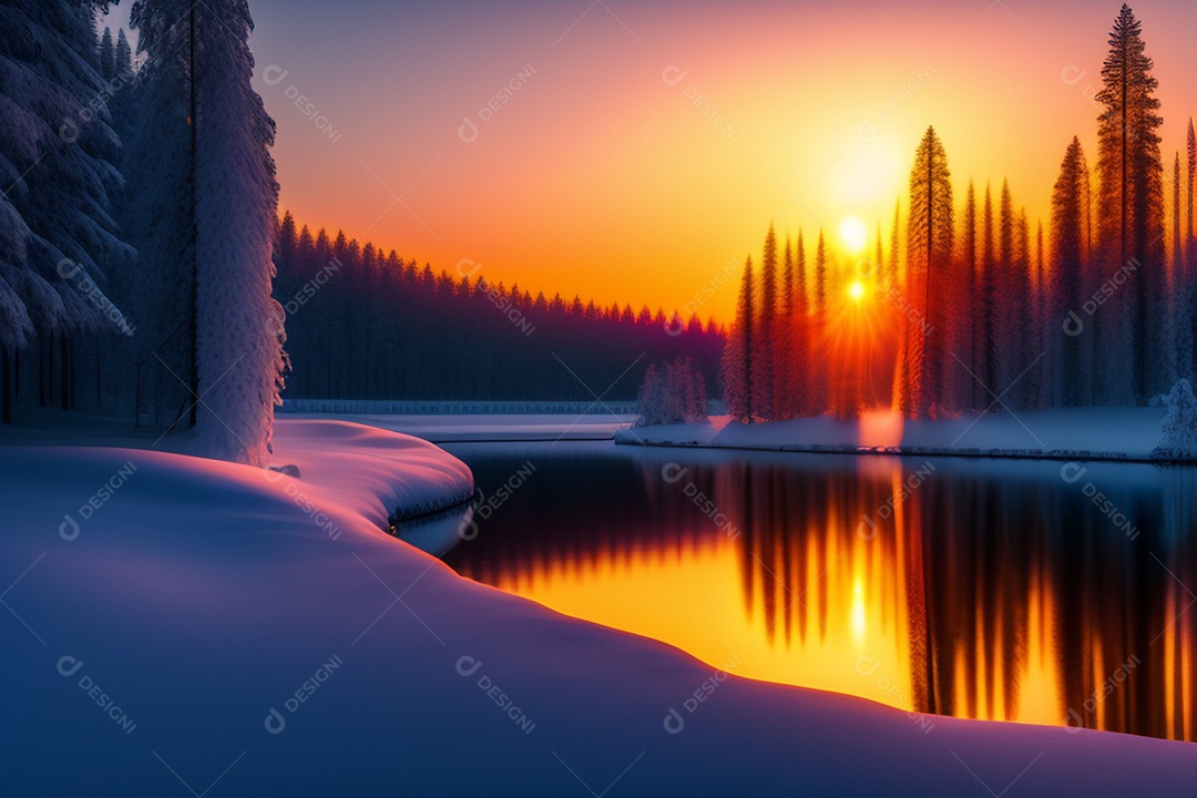 Pôr do sol na floresta no período de inverno