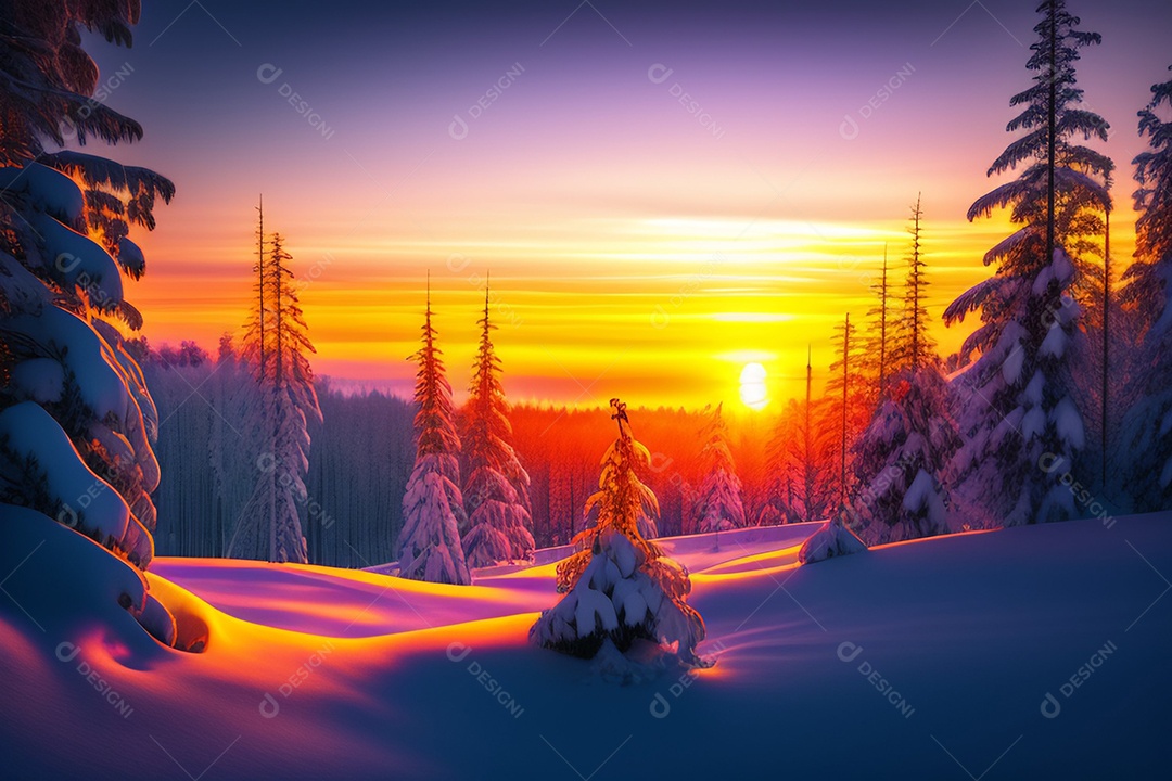 Pôr do sol na floresta no período de inverno