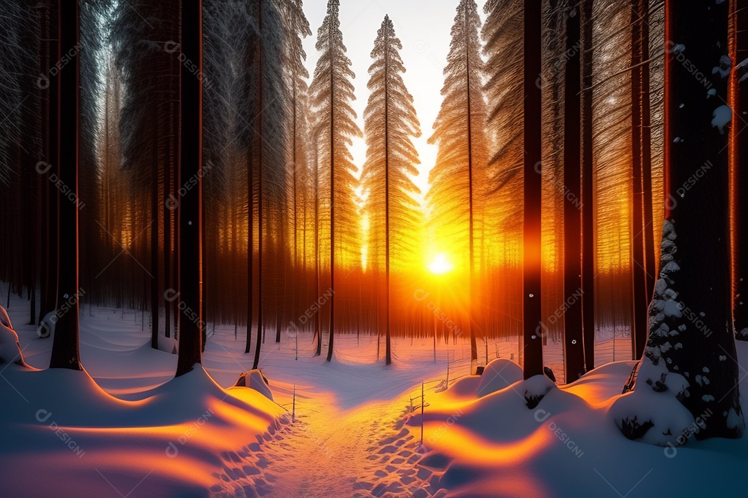 Pôr do sol na floresta no período de inverno