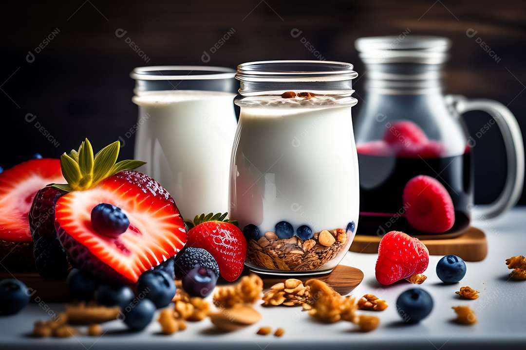 Saborosa granola caseira com iogurte e frutas na mesa cinza