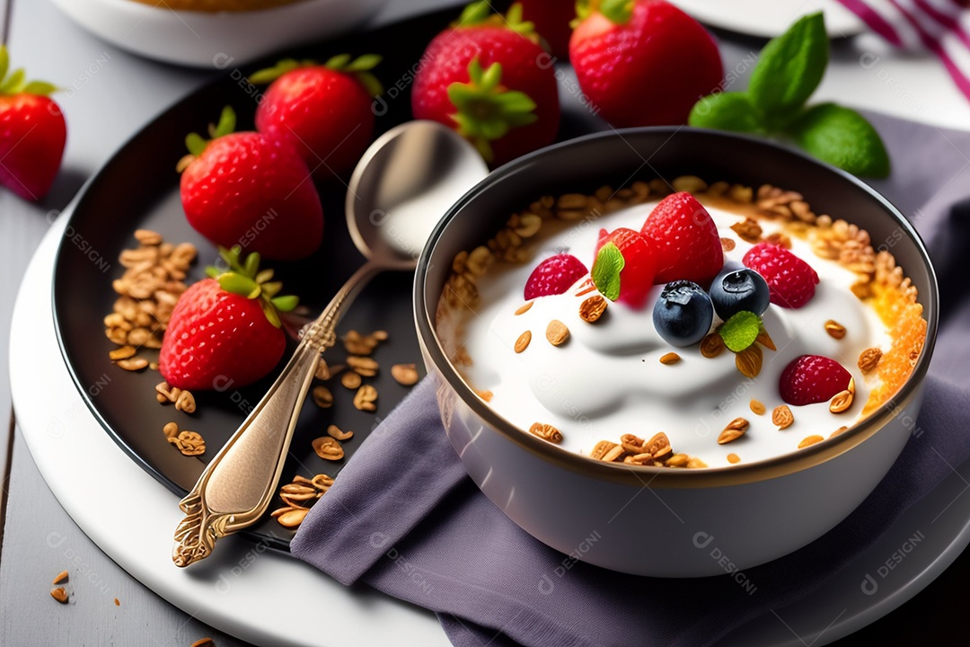 Saborosa granola caseira com iogurte e frutas na mesa cinza