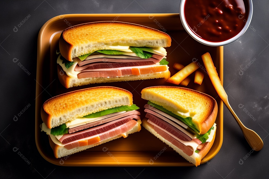 Vista superior delicioso sanduíche de presunto com batatas fritas e ketchup