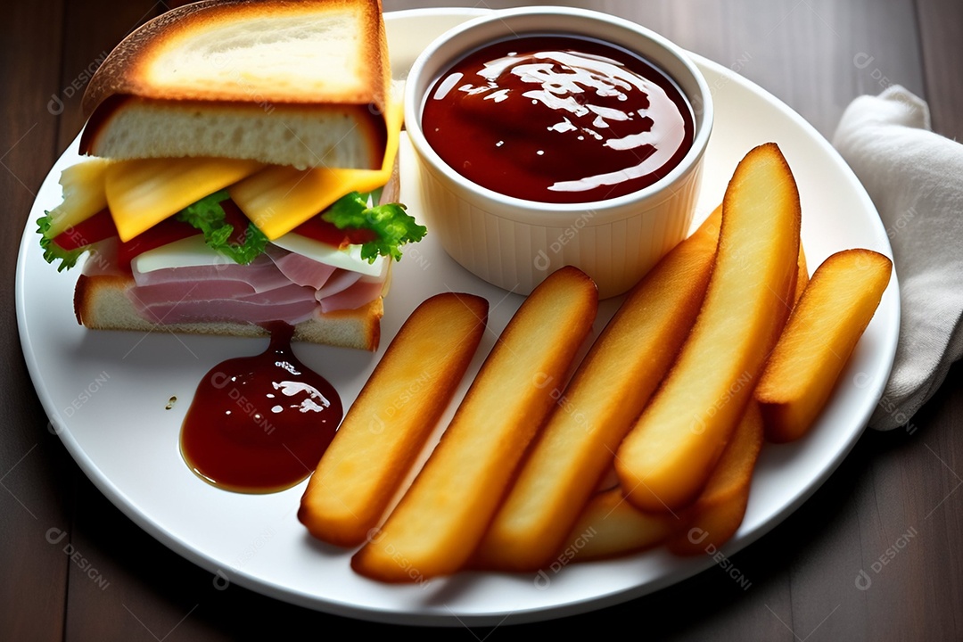 Vista superior delicioso sanduíche de presunto com batatas fritas e ketchup