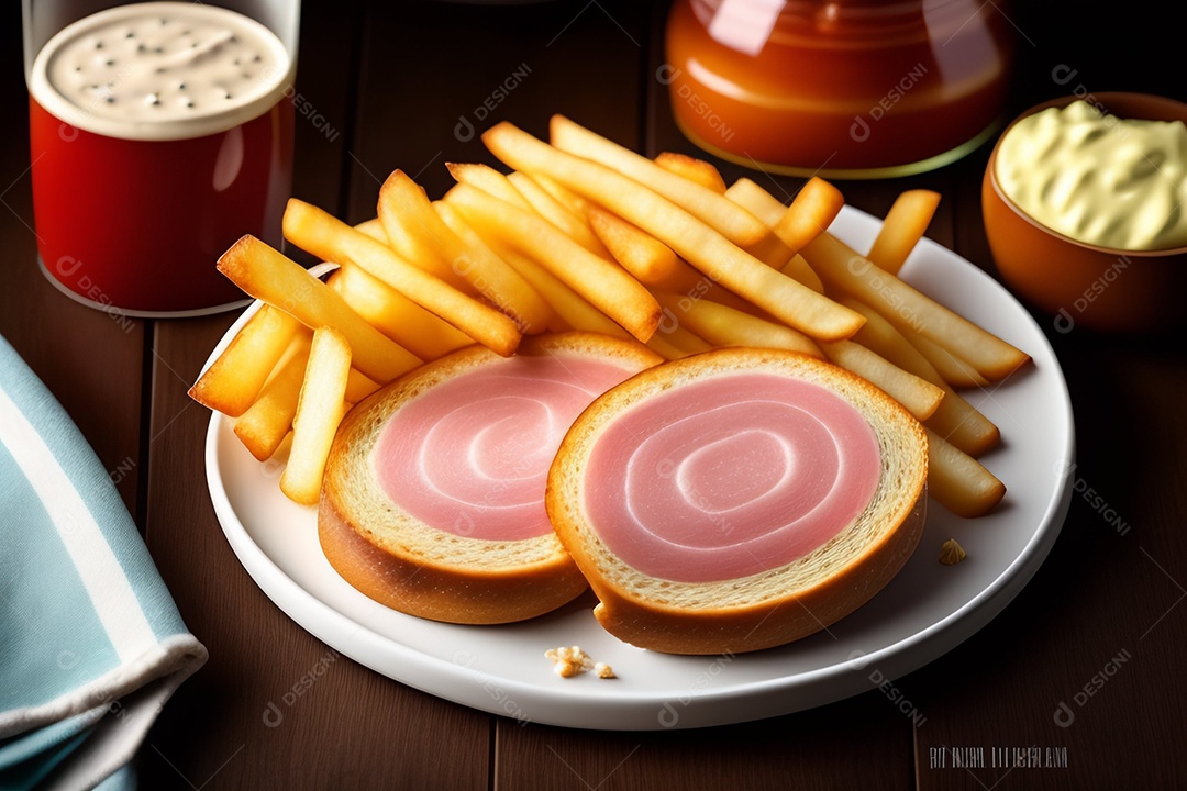 Vista superior delicioso sanduíche de presunto com batatas fritas e ketchup