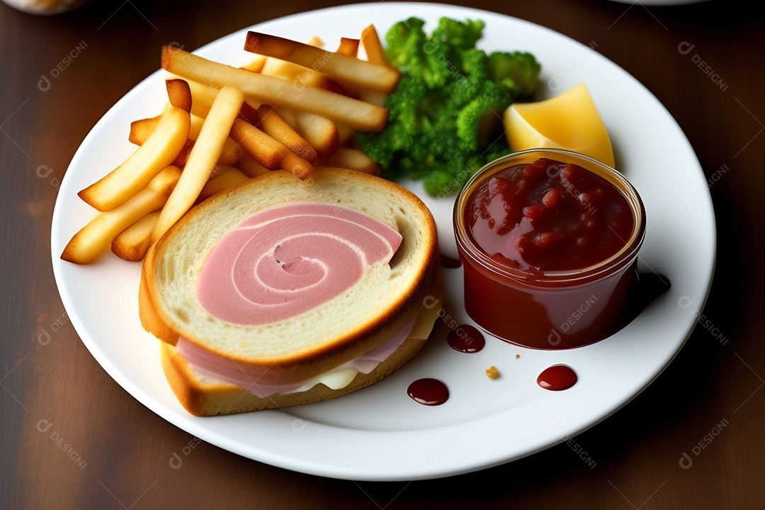 Vista superior delicioso sanduíche de presunto com batatas fritas e ketchup