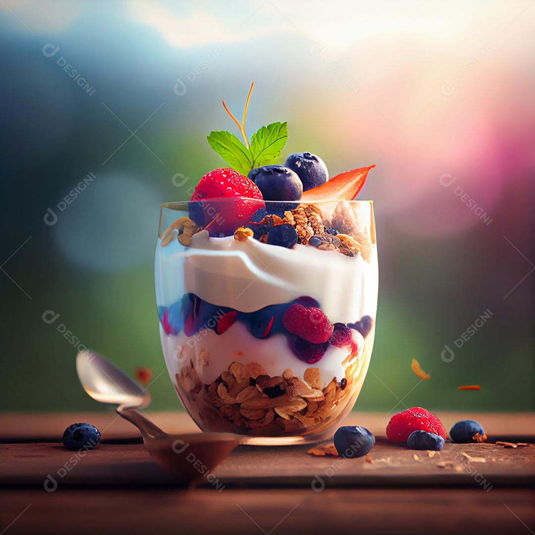 Ilustração copo de iogurte com granola e frutas