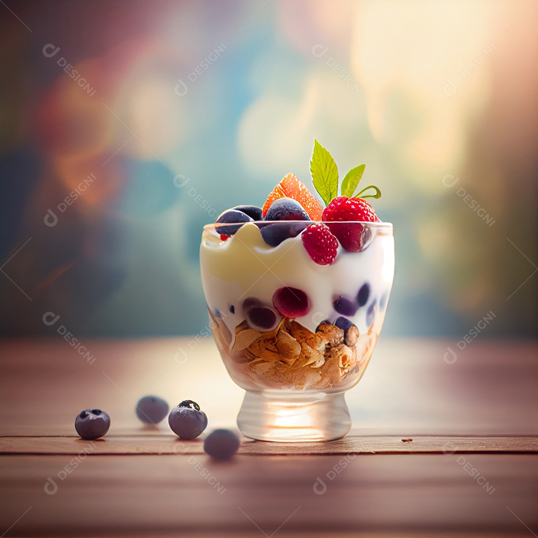Ilustração copo de iogurte com granola e frutas