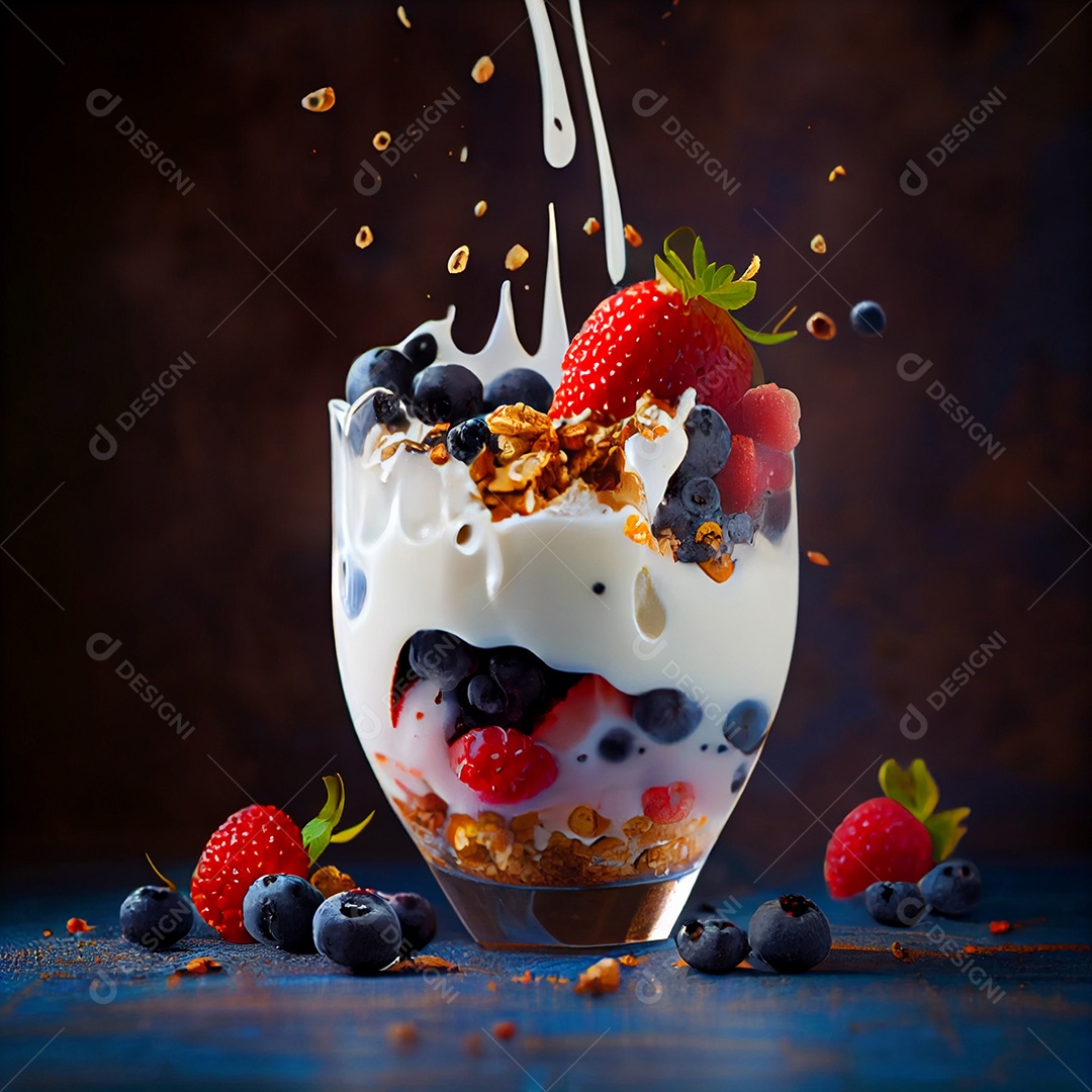 Ilustração copo de iogurte com granola e frutas