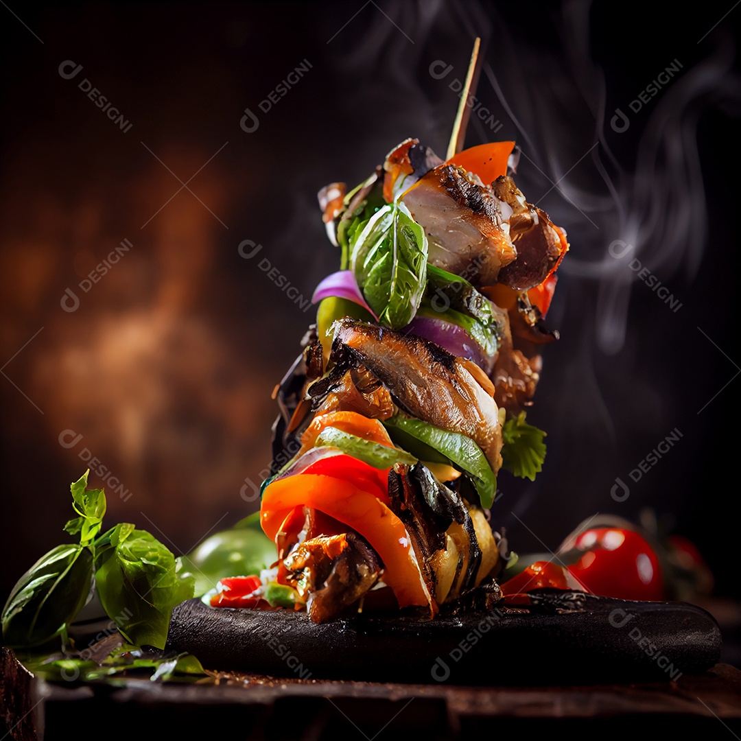 Carnes com legumes espertadas sobre uma mesa de madeira