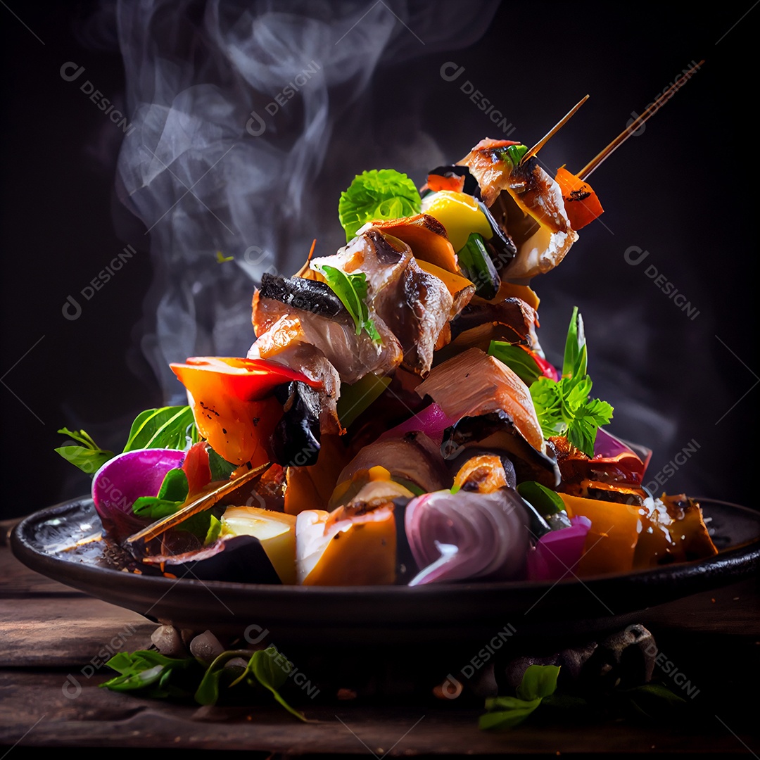 Carnes com legumes espertadas sobre uma mesa de madeira