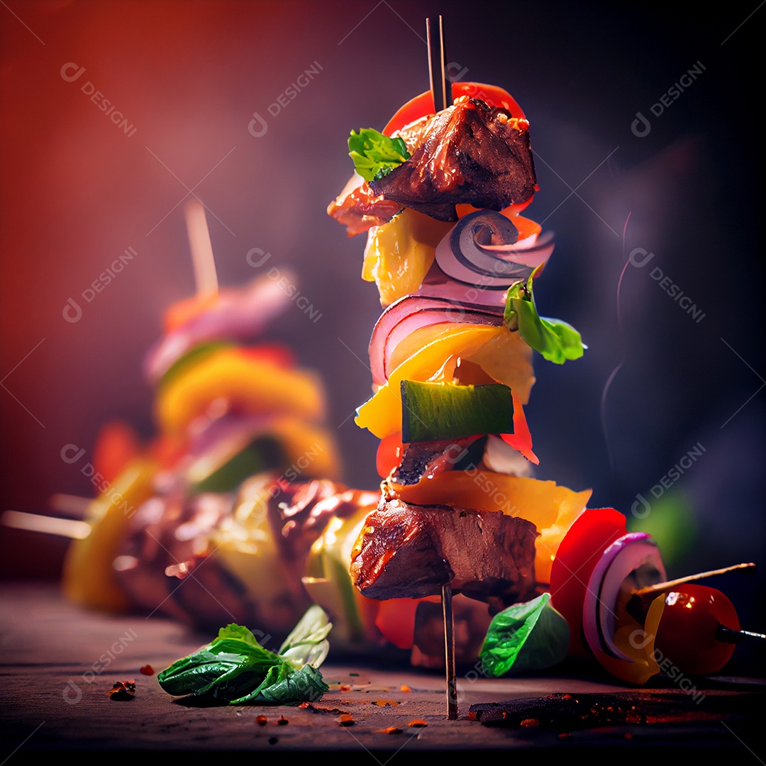 Carnes com legumes espertadas sobre uma mesa de madeira