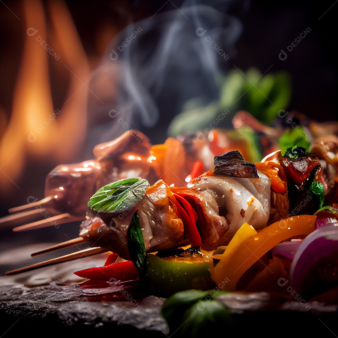 Carnes com legumes espertadas sobre uma mesa de madeira