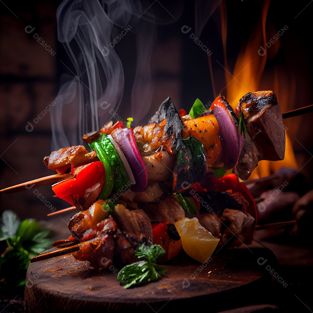 Carnes com legumes espertadas sobre uma mesa de madeira