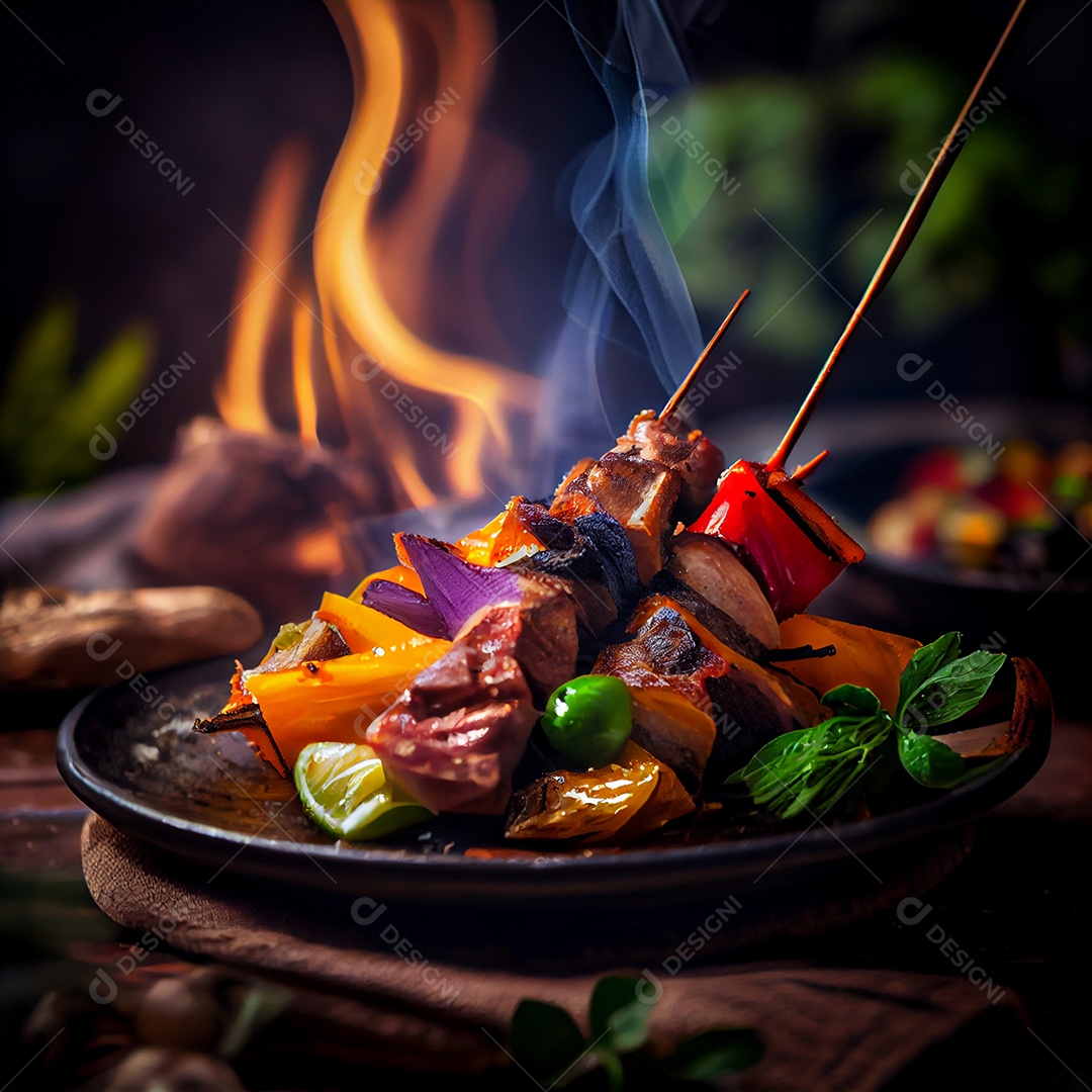 Carnes com legumes espertadas sobre uma mesa de madeira