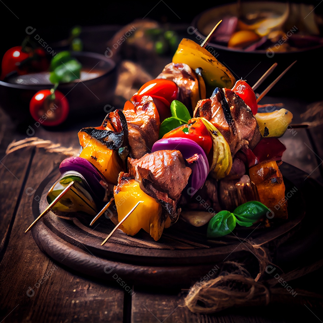 Carnes com legumes espertadas sobre uma mesa de madeira