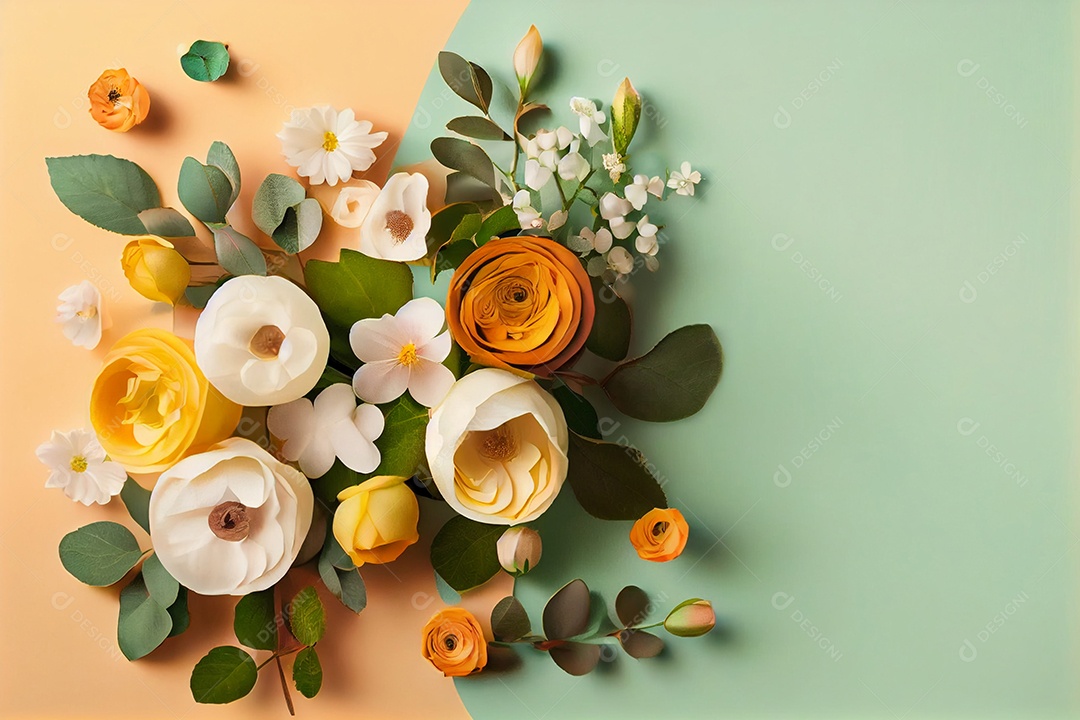 Ilustração 3D de flores coloridas sobre fundo de tons verdes e laranja