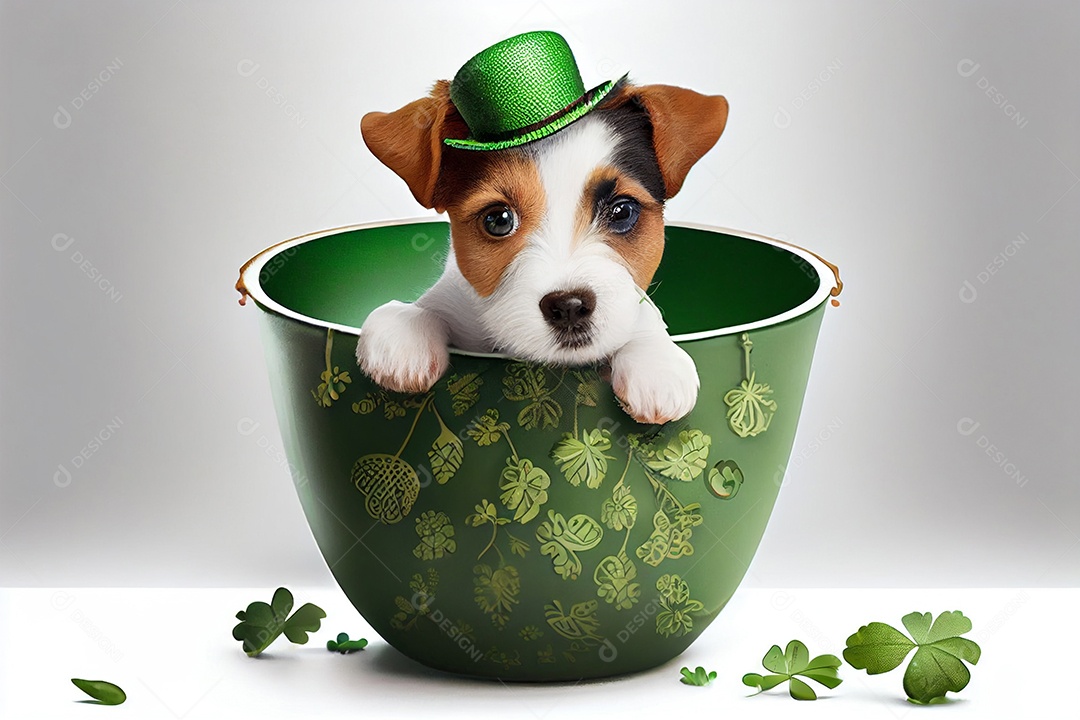 Cachorro sobre vazo fundo isolado branco