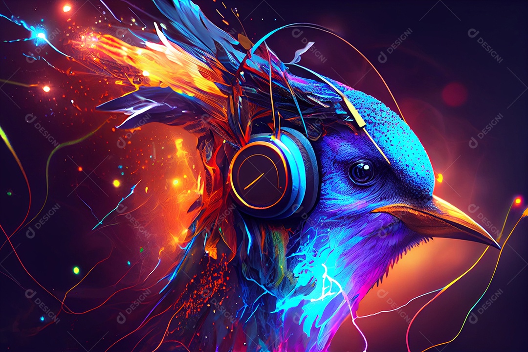 Ilustração pássaro com fones de ouvido