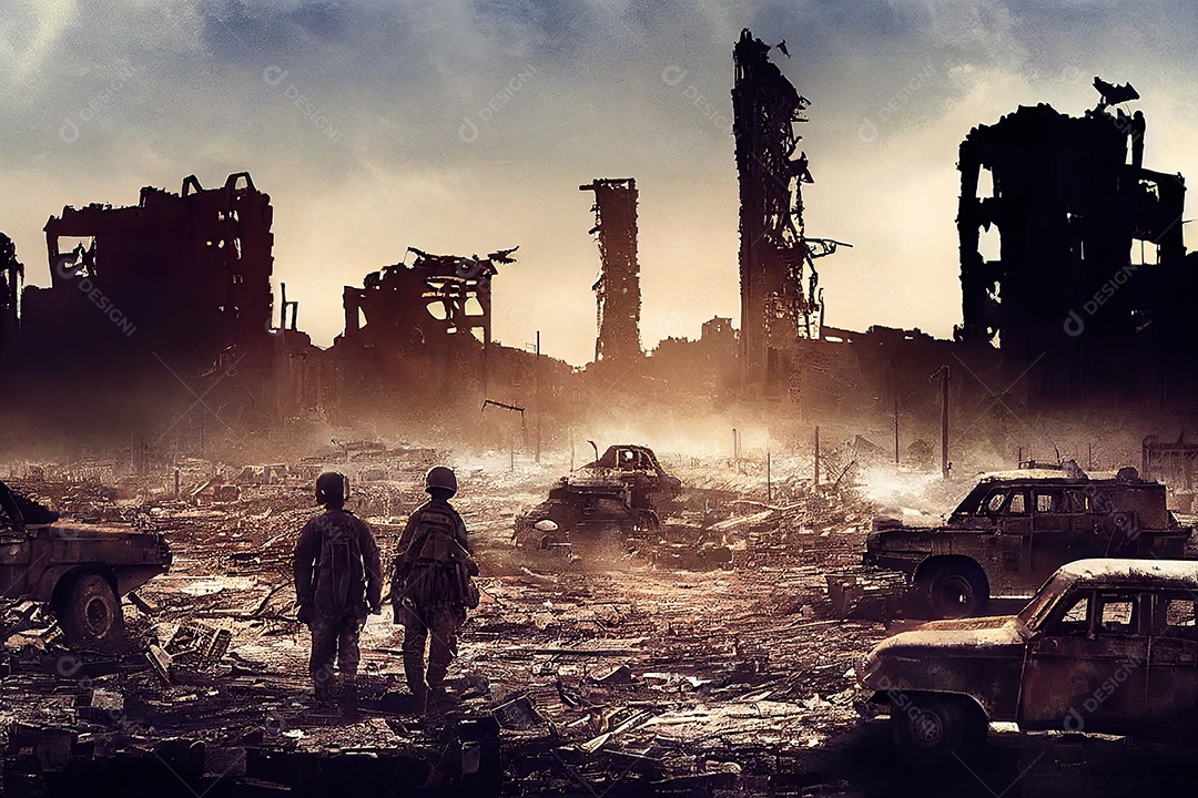 Ruínas de uma cidade totalmente destruída durante a Terceira Guerra Mundial Nuclear, fundo nebuloso do céu