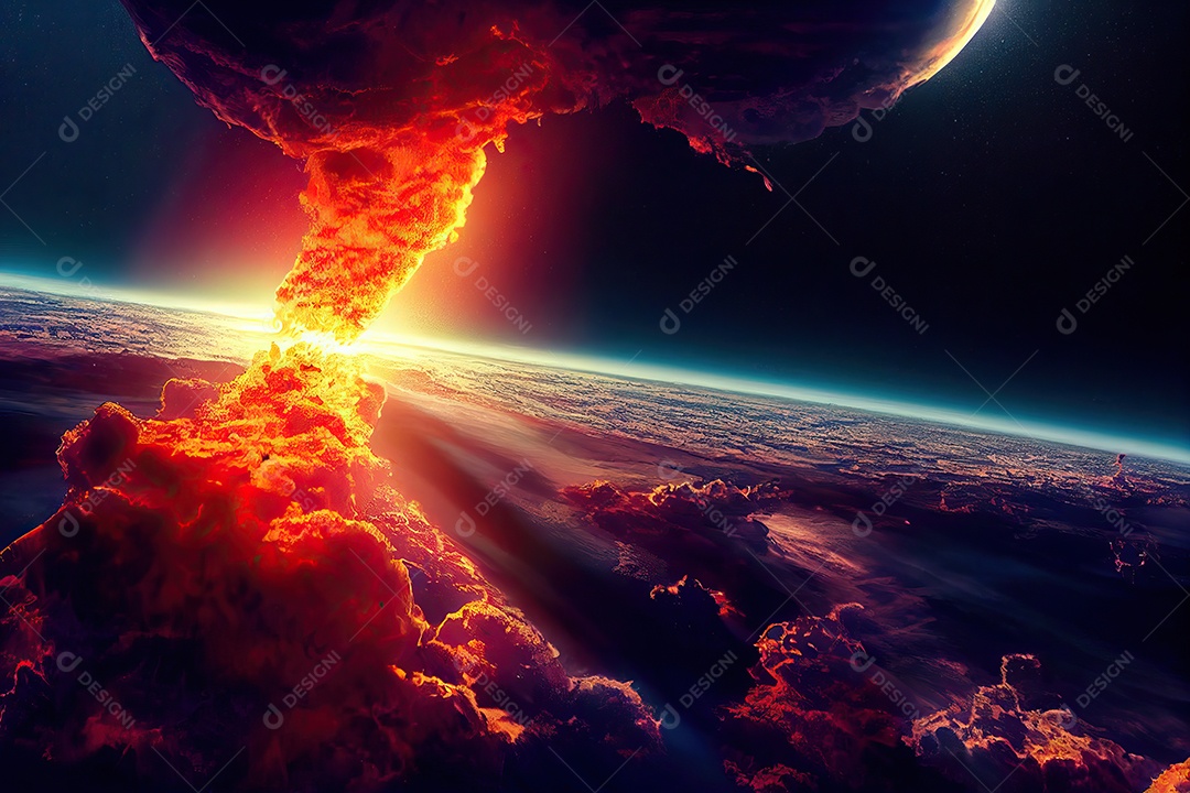 Conceito de terceira guerra mundial nuclear destruindo cidades, continentes, países, explosão no planeta Terra