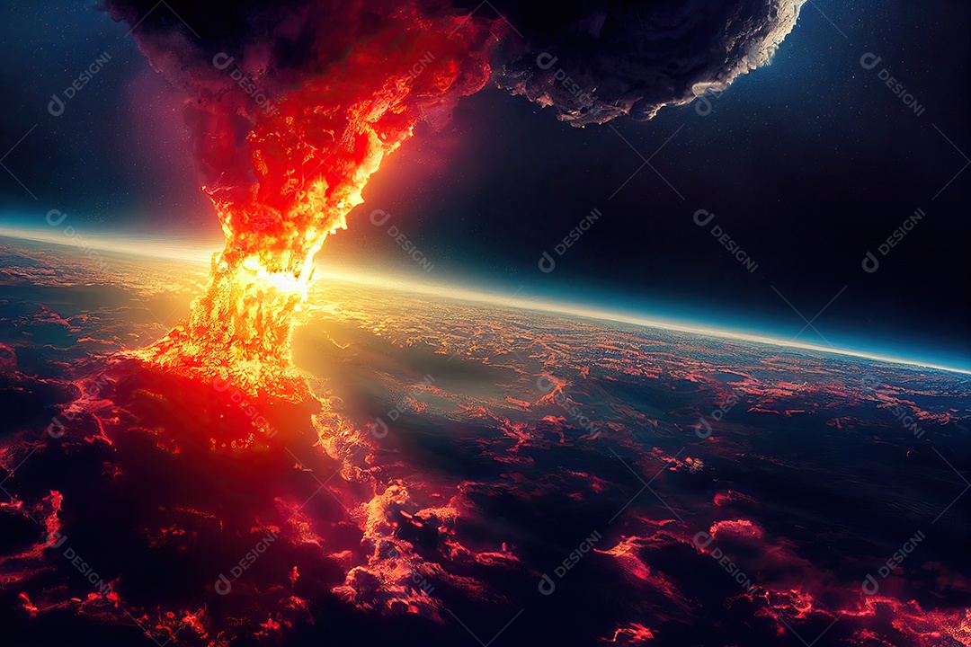 Conceito de terceira guerra mundial nuclear destruindo cidades, continentes, países, explosão no planeta Terra