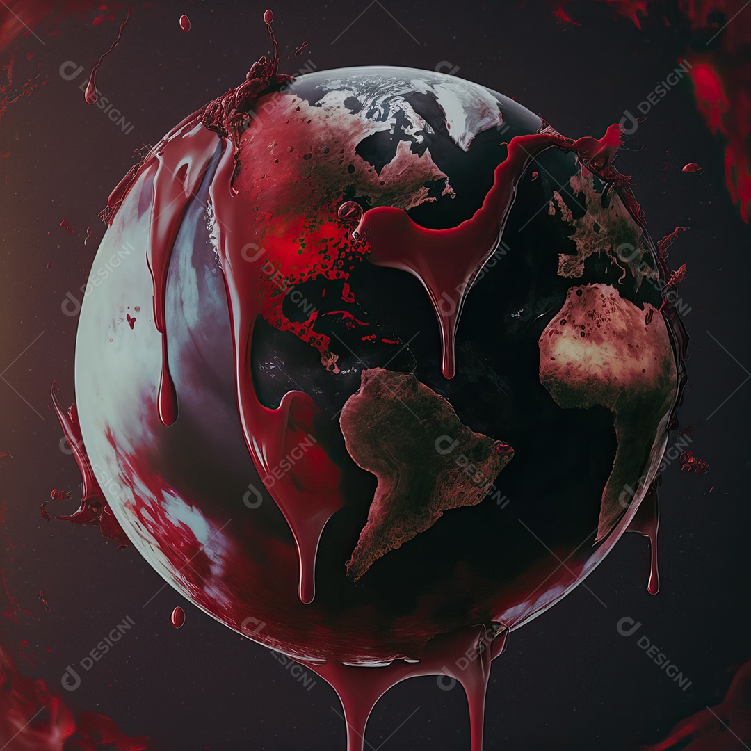 O planeta Terra ferido e doente com sangue pingando após as Guerras Nucleares