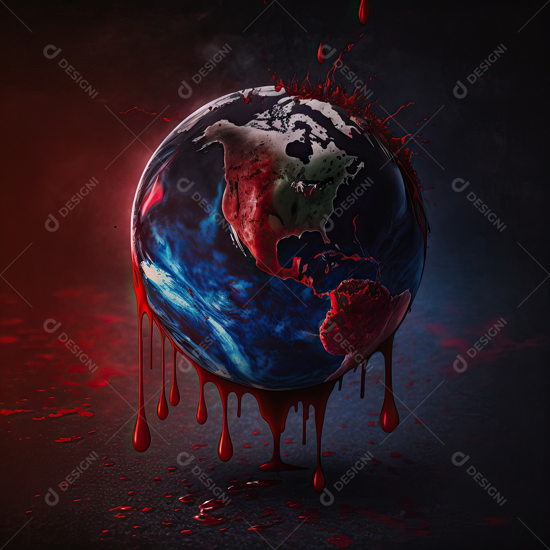 O planeta Terra ferido e doente com sangue pingando após as Guerras Nucleares