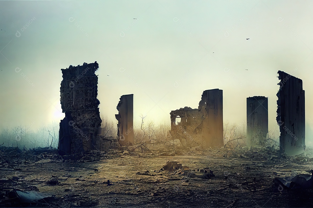 Ruínas de uma cidade totalmente destruída durante a Terceira Guerra Mundial Nuclear, fundo nebuloso do céu