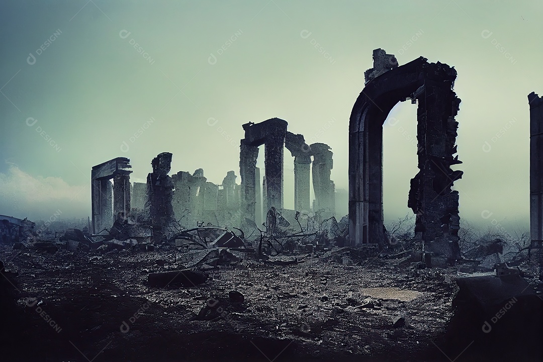 Ruínas de uma cidade totalmente destruída durante a Terceira Guerra Mundial Nuclear, fundo nebuloso do céu